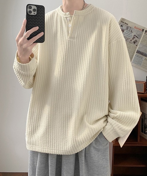 WESTSEA（ウエストシー）の「ワッフル ヘンリーネックTシャツ 長袖 無地（Tシャツ/カットソー・メンズ・ホワイト/ベージュ/ブラック・XL/L/M）」の3枚目の写真