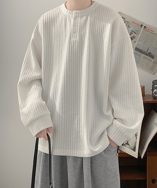 WESTSEA（ウエストシー）の「ワッフル ヘンリーネックTシャツ 長袖 無地（Tシャツ/カットソー・メンズ・ホワイト/ベージュ/ブラック・XL/L/M）」の4枚目の写真