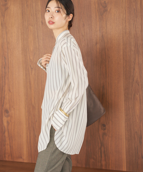 リヨセルストライプバンドカラーシャツ（シャツ/ブラウス）｜IENA