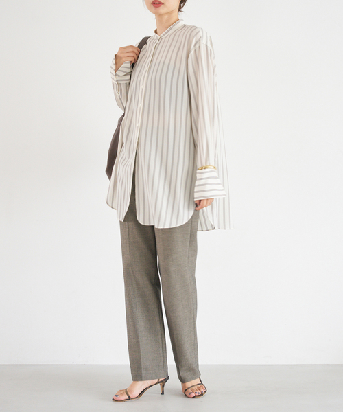 リヨセルストラップバンドカラー　IENA リヨセルストライプバンドカラーシャツ（シャツ/ブラウス）｜IENA