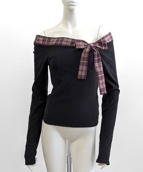 REMUR(レミュール)の「チェックリボンオフショルトップス(Tシャツ/カットソー・レディース・ブラック/グレイッシュベージュ・M)」の14枚目の写真