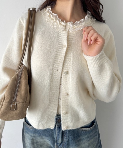 セール】フリルネックニットカーディガン（カーディガン/ボレロ