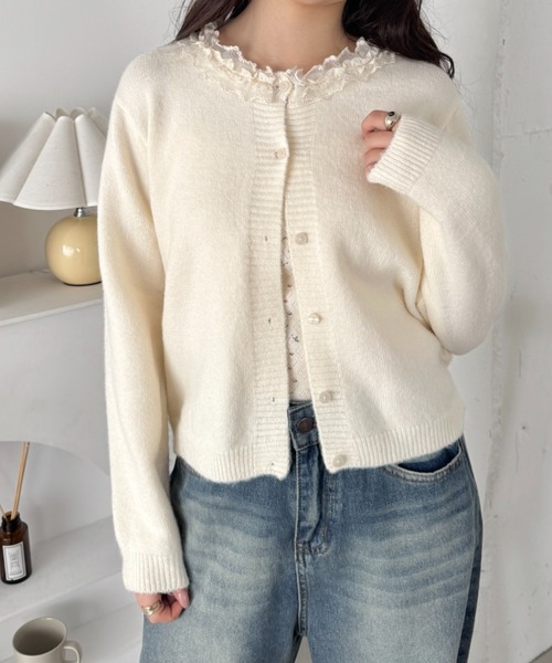セール】フリルネックニットカーディガン（カーディガン/ボレロ