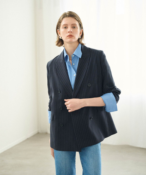 N.O.R.C(ノーク)の「ピークドラペルダブルジャケット【CLEAN MOTION】(テーラードジャケット・レディース・ブラウン/ブラック/ストライプ・S/M)」の4枚目の写真