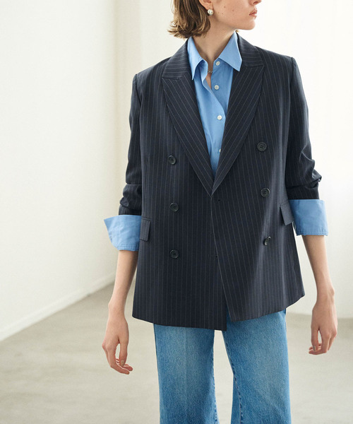 N.O.R.C(ノーク)の「ピークドラペルダブルジャケット【CLEAN MOTION】(テーラードジャケット・レディース・ブラウン/ブラック/ストライプ・S/M)」の2枚目の写真