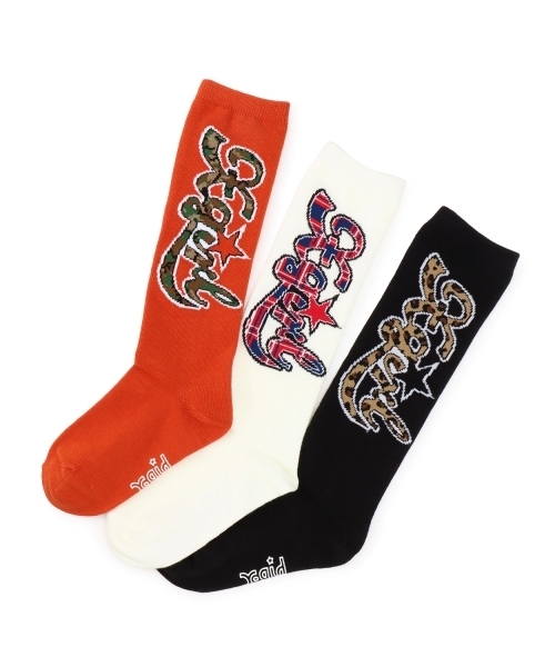 X-girl Stages（エックスガールステージス）の「総柄ロゴハイソックス（ソックス/靴下・キッズ・オフホワイト/ブラック/オレンジ・15-17cm/17-19cm/19-21cm）」の7枚目の写真