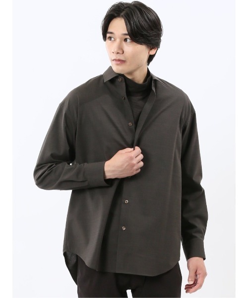 m.f.editorial(エムエフエディトリアル)の「シャツ メンズ 長袖 ストレッチ ウール混 レギュラーカラー ゆったり オーバーサイズ イタリア生地 国内縫製(シャツ/ブラウス・メンズ・ダークウッド/グレー・MEDIUM/LARGE)」の2枚目の写真
