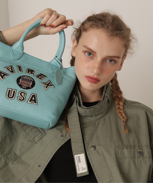 AVIREX 水色 ハンドバッグ VARSITY LEATHER MINI TOTE BAG/バーシティー レザー ミニ トート