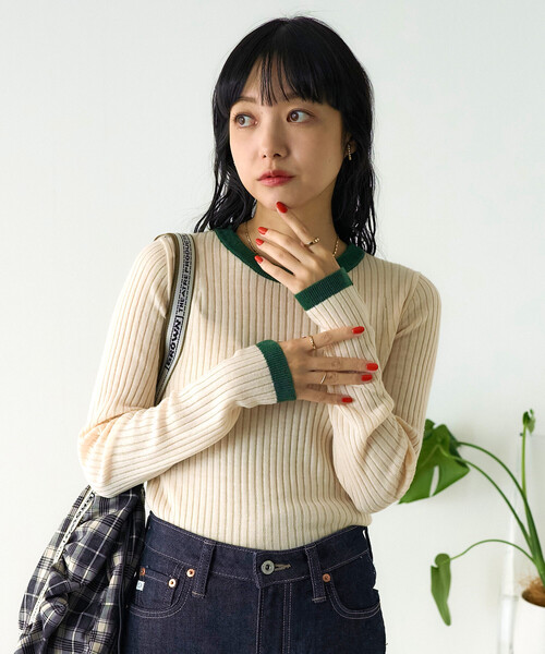 FREAK'S STORE(フリークスストア)の「ウォッシャブル 配色 リンガー リブニット/配色パイピング 限定展開(ニット/セーター・レディース・キャメル/ベージュ/ブラック/グレー・フリ-)」の10枚目の写真