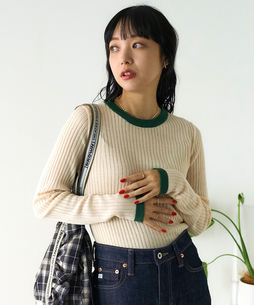 FREAK'S STORE(フリークスストア)の「ウォッシャブル 配色 リンガー リブニット/配色パイピング 限定展開(ニット/セーター・レディース・キャメル/ベージュ/ブラック/グレー・フリ-)」の12枚目の写真