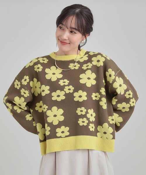 Cutie Blonde（キューティーブロンド）の「【S-LL】レトロ感漂う デイジー柄 総柄ニット（ニット/セーター・レディース・ライトグレー系/ダークブラウン系/チャコールグレー/ピンク系6・01/02/03/04）」の9枚目の写真