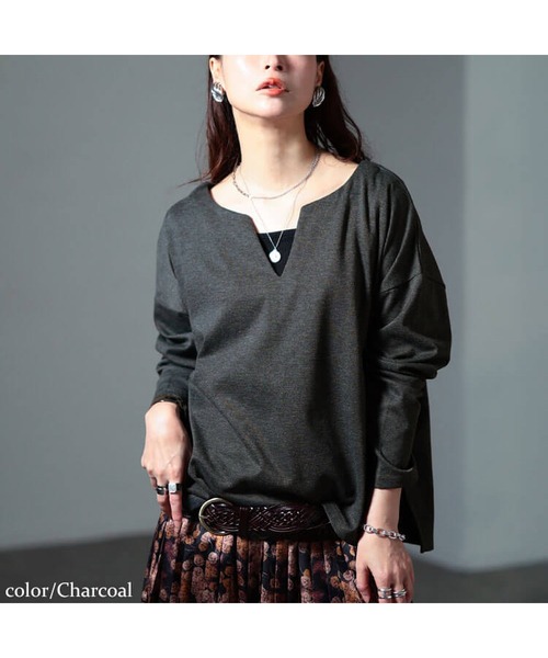 GOLDJAPAN（ゴールドジャパン）の「深キーネックワイドプルオーバー【大きいサイズ対応】（Tシャツ/カットソー・レディース・ブラック/チャコール・LL/3L/4L/5L）」の8枚目の写真