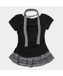 PLACE STUDIO | チェックタイ＆ピンタックチェックフリルオフショルダースリーブ半袖Tシャツ_2COLOR(Tシャツ/カットソー)