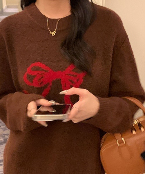 Jayro(ジャイロ)の「リボン柄ニットトップス(ニット/セーター・レディース・チャコールグレー/ホワイト/ホワイト系その他/ダークブラウン・FREE)」の4枚目の写真