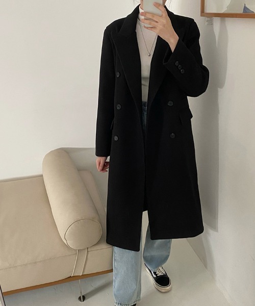 セール】テーラードカラーダブルボタンロングコート（チェスターコート