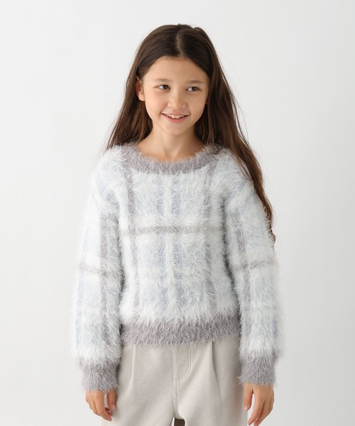 GLOBAL WORK(グローバルワーク)の「洗えるシャギーチェックニット/608307(ニット/セーター・キッズ・ブラウン/サックスブルー/ホワイト×ブラック・130cm/140cm/150cm/160cm)」の3枚目の写真