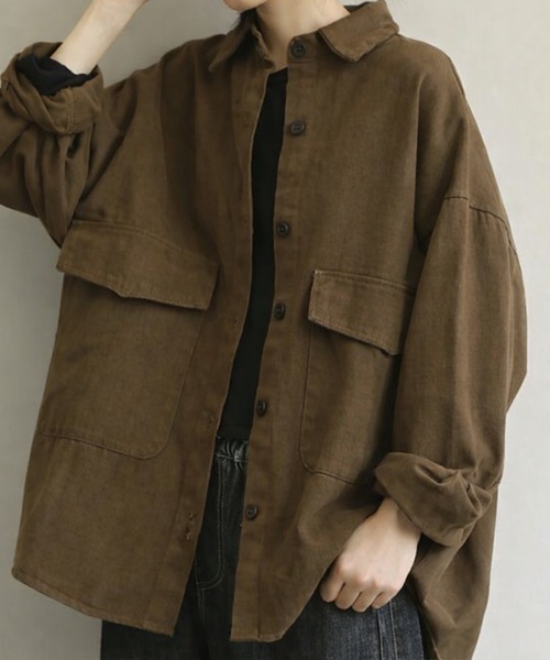 SallyLunn(サリーラン)の「コットンライクオーバーシャツ(シャツ/ブラウス・レディース・ブラウン/グレー・MEDIUM/LARGE)」の3枚目の写真