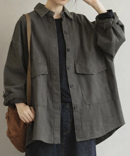 SallyLunn(サリーラン)の「コットンライクオーバーシャツ(シャツ/ブラウス・レディース・ブラウン/グレー・MEDIUM/LARGE)」の12枚目の写真