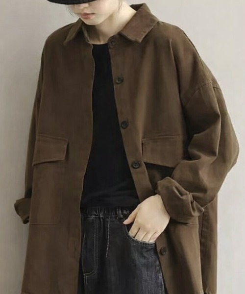 SallyLunn(サリーラン)の「コットンライクオーバーシャツ(シャツ/ブラウス・レディース・ブラウン/グレー・MEDIUM/LARGE)」の4枚目の写真