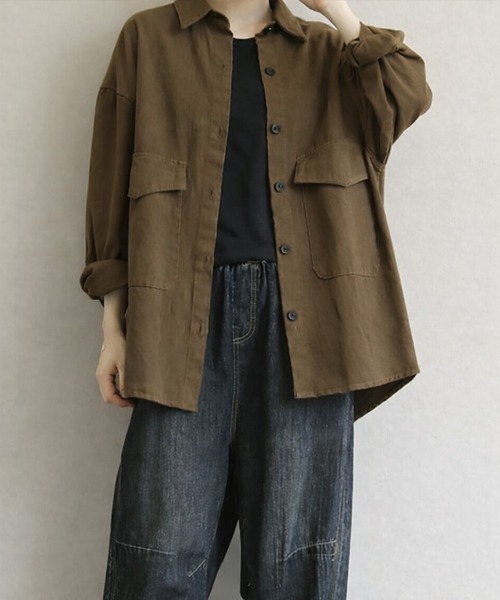 SallyLunn(サリーラン)の「コットンライクオーバーシャツ(シャツ/ブラウス・レディース・ブラウン/グレー・MEDIUM/LARGE)」の6枚目の写真