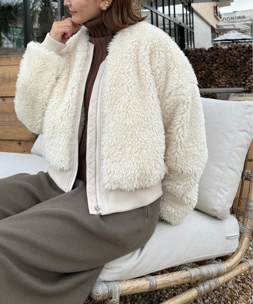 CURA CLOSET(キュラ クローゼット)の「【k.kozu73 select】ノーカラーショートボアブルゾン(ブルゾン・レディース・ダークブラウン/アイボリー/ブラック/モカ・フリー)」の8枚目の写真