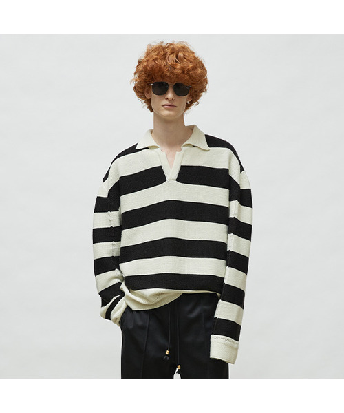 Preppy stripe pull-over binary crewneck