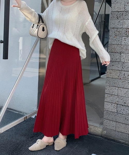 ポムシェ　赤 プリーツスカート M 　赤アンスコ セール】ニットプリーツロングスカート（スカート）｜LAFFMO（ラフモ