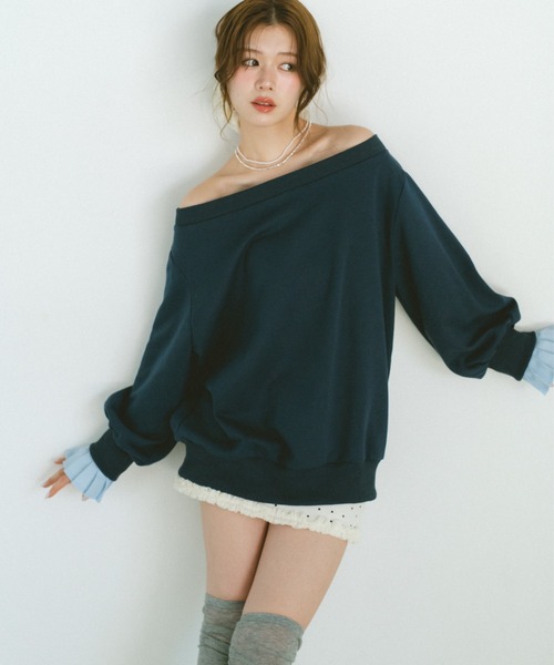 VANNIE U(ヴァニーユー)の「2WAYオフショルスウェットミニワンピース/プリーツ袖/ルーズスウェット(スウェット・レディース・グレー/ネイビー・FREE)」の16枚目の写真