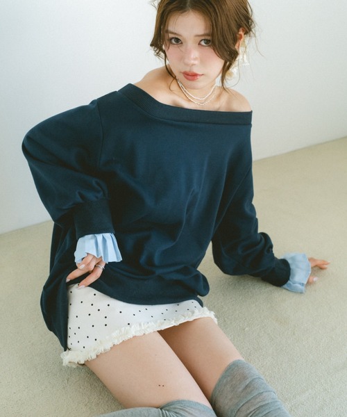 VANNIE U(ヴァニーユー)の「2WAYオフショルスウェットミニワンピース/プリーツ袖/ルーズスウェット(スウェット・レディース・グレー/ネイビー・FREE)」の14枚目の写真