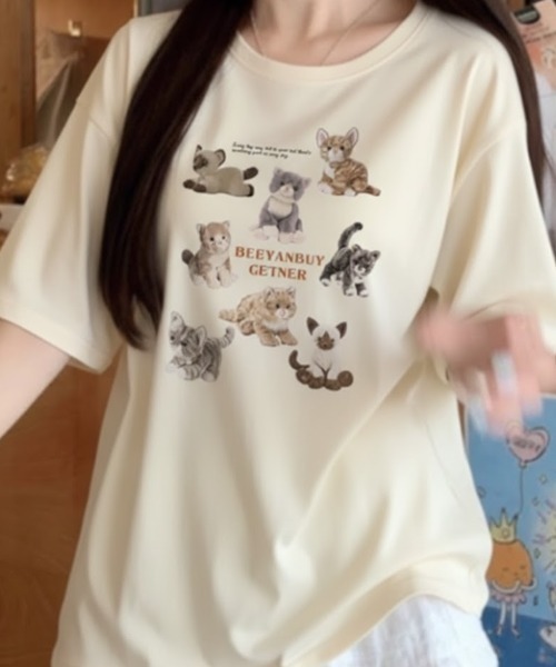 SHEPP(シープ)の「【26年春夏新作・6色展開】ぬいぐるみキャットプリント半袖ロンT(Tシャツ/カットソー・レディース・ホワイト/ブラウン/レッド/ブラック/アイボリー/グレー・M/L)」の3枚目の写真