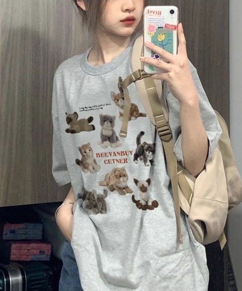 SHEPP(シープ)の「【26年春夏新作・6色展開】ぬいぐるみキャットプリント半袖ロンT(Tシャツ/カットソー・レディース・ホワイト/ブラウン/レッド/ブラック/アイボリー/グレー・M/L)」の16枚目の写真