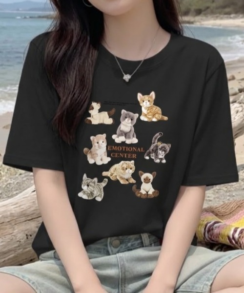 SHEPP(シープ)の「【26年春夏新作・6色展開】ぬいぐるみキャットプリント半袖ロンT(Tシャツ/カットソー・レディース・ホワイト/ブラウン/レッド/ブラック/アイボリー/グレー・M/L)」の14枚目の写真