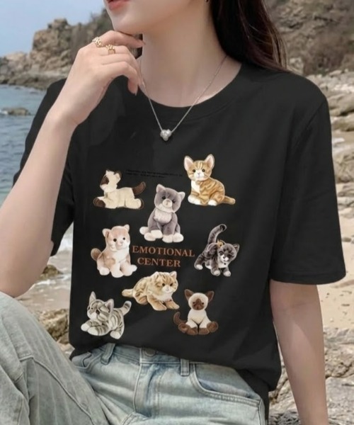SHEPP(シープ)の「【26年春夏新作・6色展開】ぬいぐるみキャットプリント半袖ロンT(Tシャツ/カットソー・レディース・ホワイト/ブラウン/レッド/ブラック/アイボリー/グレー・M/L)」の12枚目の写真