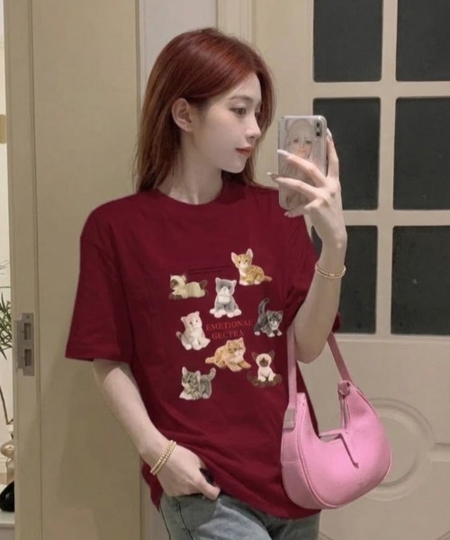 SHEPP(シープ)の「【26年春夏新作・6色展開】ぬいぐるみキャットプリント半袖ロンT(Tシャツ/カットソー・レディース・ホワイト/ブラウン/レッド/ブラック/アイボリー/グレー・M/L)」の22枚目の写真