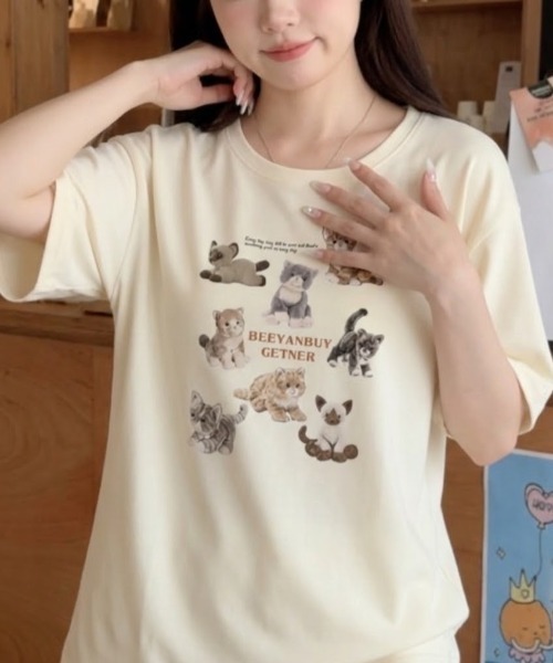 SHEPP(シープ)の「【26年春夏新作・6色展開】ぬいぐるみキャットプリント半袖ロンT(Tシャツ/カットソー・レディース・ホワイト/ブラウン/レッド/ブラック/アイボリー/グレー・M/L)」の11枚目の写真