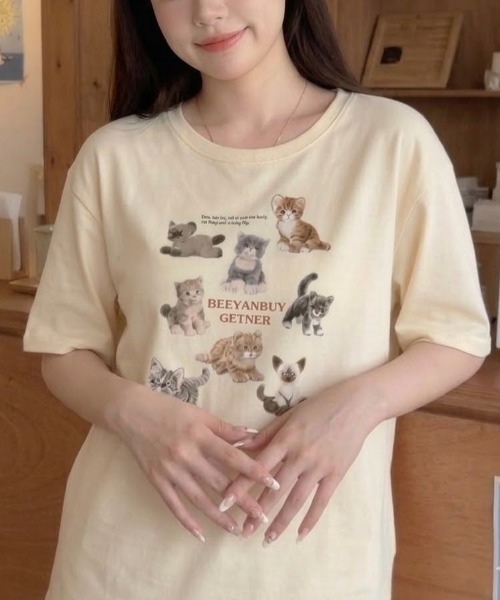 SHEPP(シープ)の「【26年春夏新作・6色展開】ぬいぐるみキャットプリント半袖ロンT(Tシャツ/カットソー・レディース・ホワイト/ブラウン/レッド/ブラック/アイボリー/グレー・M/L)」の10枚目の写真