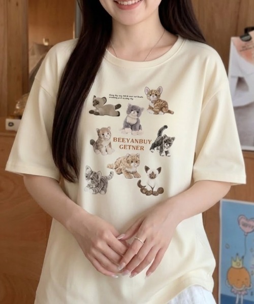 SHEPP(シープ)の「【26年春夏新作・6色展開】ぬいぐるみキャットプリント半袖ロンT(Tシャツ/カットソー・レディース・ホワイト/ブラウン/レッド/ブラック/アイボリー/グレー・M/L)」の9枚目の写真