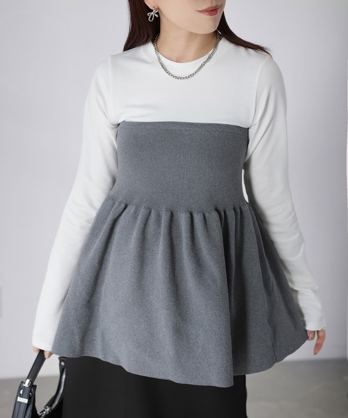 Riberry(リベリー)の「ニットビスチェドッキングペプラムトップス(Tシャツ/カットソー・レディース・ブラック×ブラック/ホワイト系1/ホワイト系2/ブラック×グレー・FREE)」の4枚目の写真