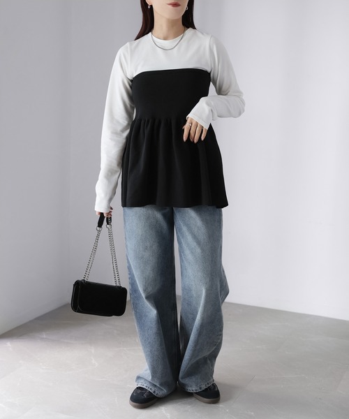 Riberry(リベリー)の「ニットビスチェドッキングペプラムトップス(Tシャツ/カットソー・レディース・ブラック×ブラック/ホワイト系1/ホワイト系2/ブラック×グレー・FREE)」の7枚目の写真