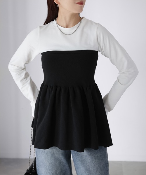 Riberry(リベリー)の「ニットビスチェドッキングペプラムトップス(Tシャツ/カットソー・レディース・ブラック×ブラック/ホワイト系1/ホワイト系2/ブラック×グレー・FREE)」の6枚目の写真