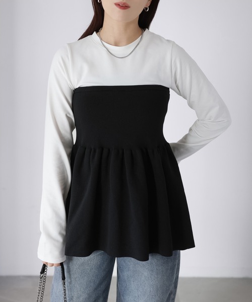 Riberry(リベリー)の「ニットビスチェドッキングペプラムトップス(Tシャツ/カットソー・レディース・ブラック×ブラック/ホワイト系1/ホワイト系2/ブラック×グレー・FREE)」の5枚目の写真
