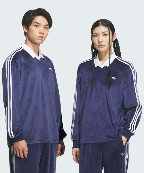 adidas(アディダス)の「ベロア長袖ポロシャツ / アディダスオリジナルス adidas Originals(ポロシャツ・メンズ・ブルー/ブラック/ピンク・SMALL/XX-SMALL/X-LARGE/3XL/XX-LARGE/LARGE/MEDIUM/X-SMALL)」の2枚目の写真