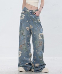 Dalfwin（ダールフィン）の「韓国ファッション フラワープリントワイドストレートデニムパンツ（デニムパンツ）」