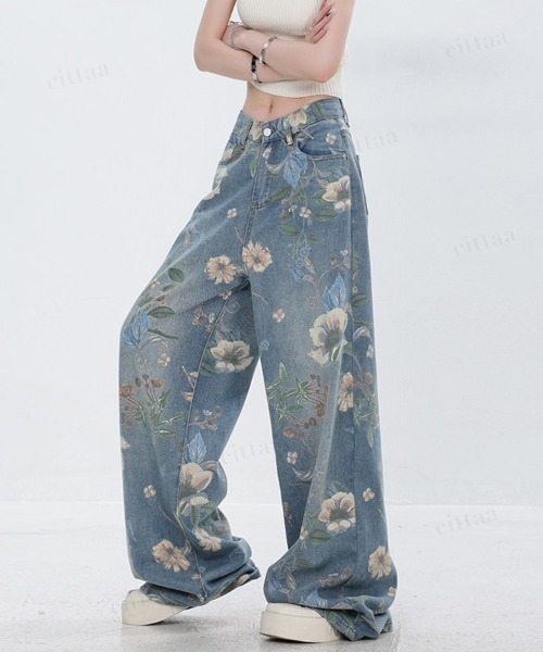 Dalfwin（ダールフィン）の「韓国ファッション フラワープリントワイドストレートデニムパンツ（デニムパンツ・レディース・ブルー・SMALL/MEDIUM/LARGE）」の3枚目の写真