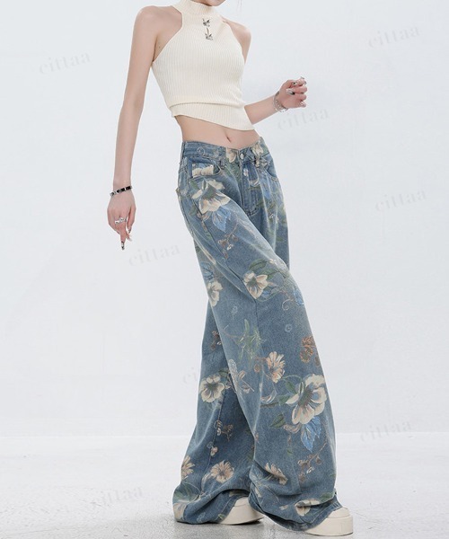 Dalfwin（ダールフィン）の「韓国ファッション フラワープリントワイドストレートデニムパンツ（デニムパンツ・レディース・ブルー・SMALL/MEDIUM/LARGE）」の6枚目の写真