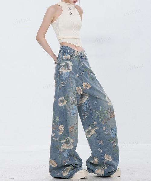 Dalfwin（ダールフィン）の「韓国ファッション フラワープリントワイドストレートデニムパンツ（デニムパンツ・レディース・ブルー・SMALL/MEDIUM/LARGE）」の8枚目の写真