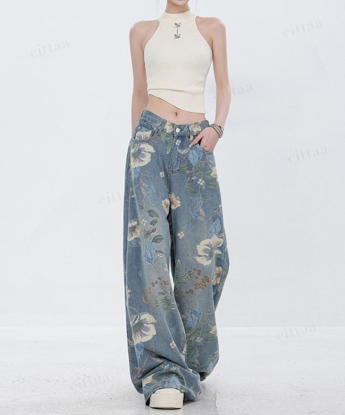 Dalfwin（ダールフィン）の「韓国ファッション フラワープリントワイドストレートデニムパンツ（デニムパンツ・レディース・ブルー・SMALL/MEDIUM/LARGE）」の10枚目の写真