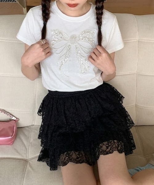 Mejoul(メジュール)の「【2026春夏新作】ビッグリボンサイドギャザーストーンロゴTシャツ(Tシャツ/カットソー・レディース・ホワイト・L/M)」の4枚目の写真
