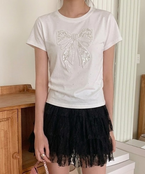 Mejoul(メジュール)の「【2026春夏新作】ビッグリボンサイドギャザーストーンロゴTシャツ(Tシャツ/カットソー・レディース・ホワイト・L/M)」の7枚目の写真