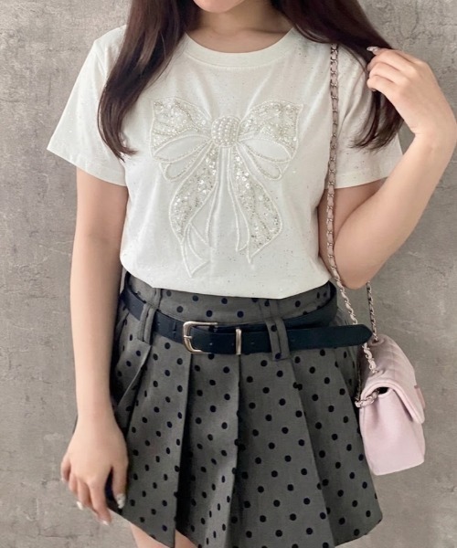 Mejoul(メジュール)の「【2026春夏新作】ビッグリボンサイドギャザーストーンロゴTシャツ(Tシャツ/カットソー・レディース・ホワイト・L/M)」の8枚目の写真